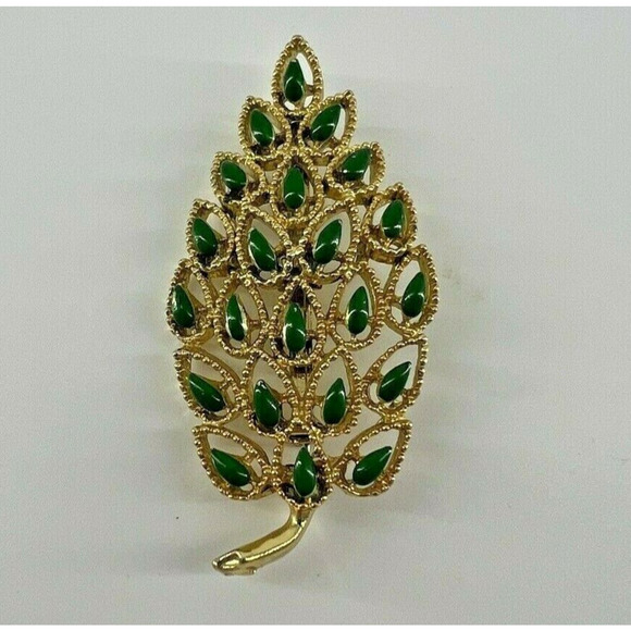 Gerry's Signed Brooch Pin Gold Tone Green Enamel Leaf Open Work Filigree Vintage - Picture 1 of 10